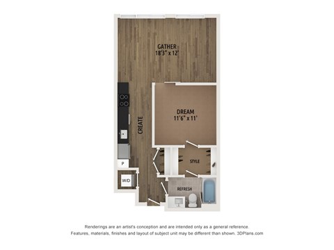 Floor plan for 1 bed, 1 bath, 624 sqft
